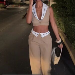 Fashion Nova Taupe and White Layla Vest Pant Set
